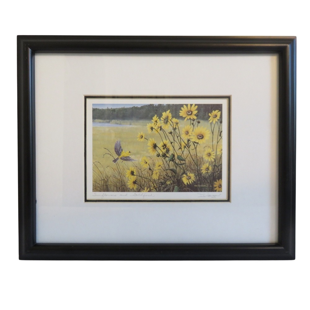 Don‎ LI Leger Sunflowers and Goldfinch Framed Lithograph Art Nature Bird